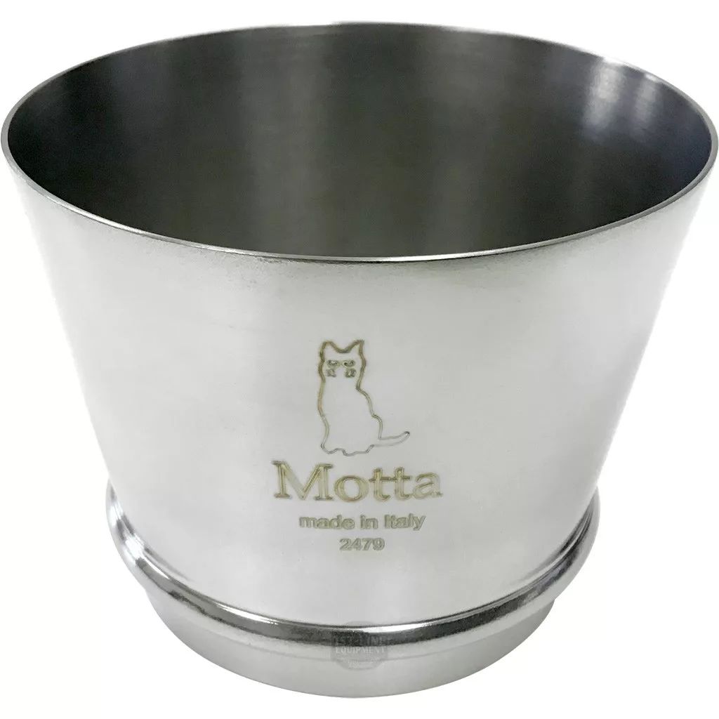 A stainless steel bowl with a simple cat illustration and Motta made in Italy 2479 engraved on the front, perfect for use with the Motta Coffee Grinder Funnel - 60mm height. © 2025 1st-line.com
