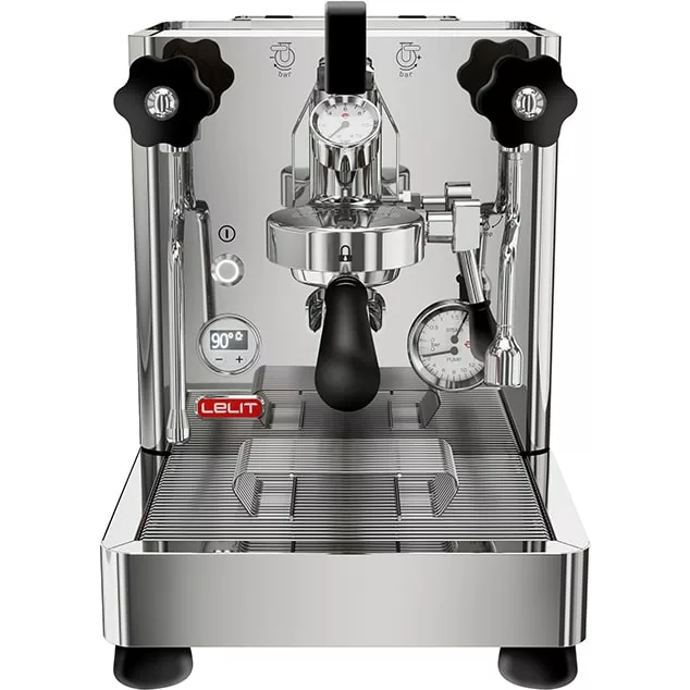 A stainless steel Lelit espresso machine with pressure gauges, steam wand, portafilter, and red logo is shown front-facing on a white background, featuring the stylish Lelit PLA2201 Black Wood Kit for a modern accent. © 2025 1st-line.com