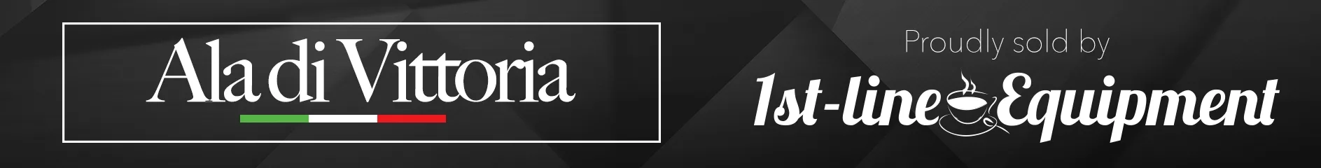 Banner with Aladi Vittoria in bold white text beside an Italian flag, and Proudly sold by 1st-line Equipment in elegant white script on a dark, geometric background. © 2025 1st-line.com