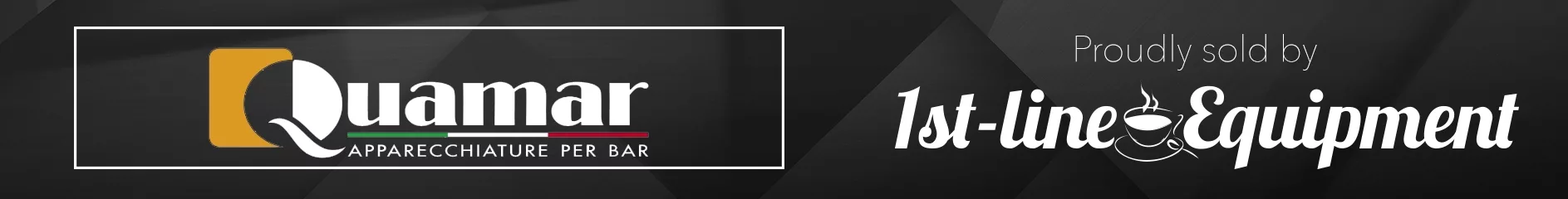 Black banner with the Quamar logo on the left, featuring an orange square and Italian flag colors underneath the text. On the right, white text reads, Proudly sold by 1st-line Equipment with a coffee cup graphic. © 2025 1st-line.com