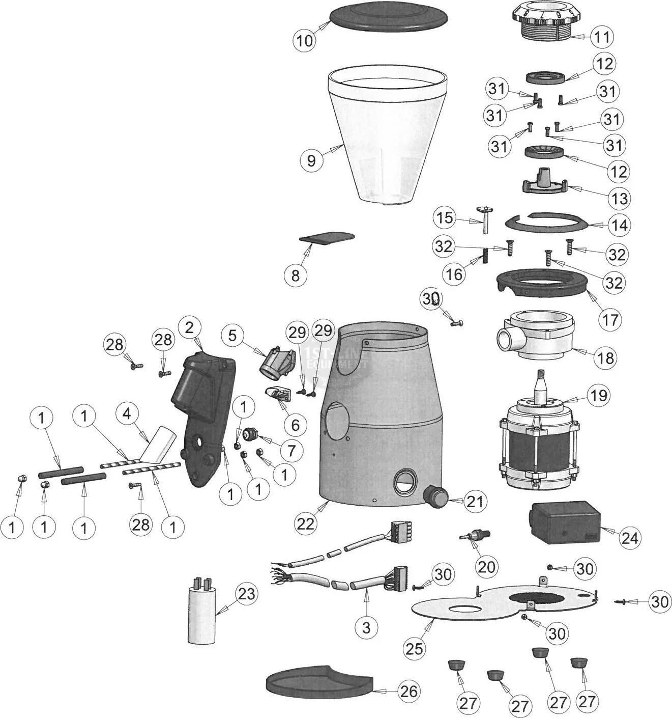 Exploded Parts Diagram of a kitchen appliance by Sonny and 1st-line, with numbered components and fasteners arranged around the central base unit, illustrating assembly order and precise location for each piece. © 2025 1st-line.com