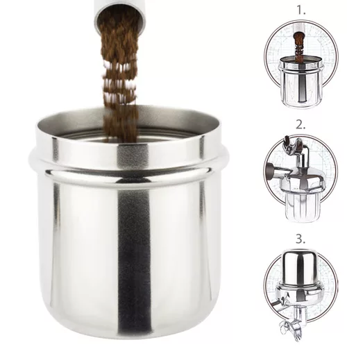 Ground coffee is poured into a stainless steel filter using the DISCONTINUED Motta Coffee Dosing Cup. Three side images display adding coffee, pouring hot water, and covering with a lid for brewing. © 2025 1st-line.com