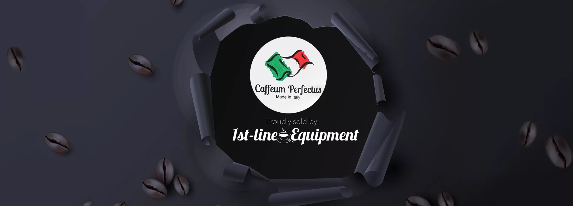 Logo for Caffaum Perfectus with Italian flag colors and text “Made in Italy,” surrounded by coffee beans and curled black paper. Below, text reads “Proudly sold by 1st-line Equipment.”. © 2025 1st-line.com