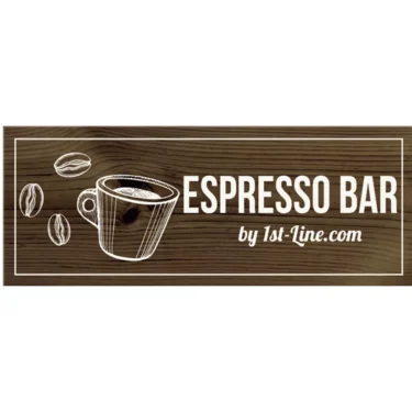 The 1st-line Equipment Espresso Bar Sign is a wooden sign with coffee cup and bean illustrations, displaying ESPRESSO BAR in white letters. © 2025 1st-line.com