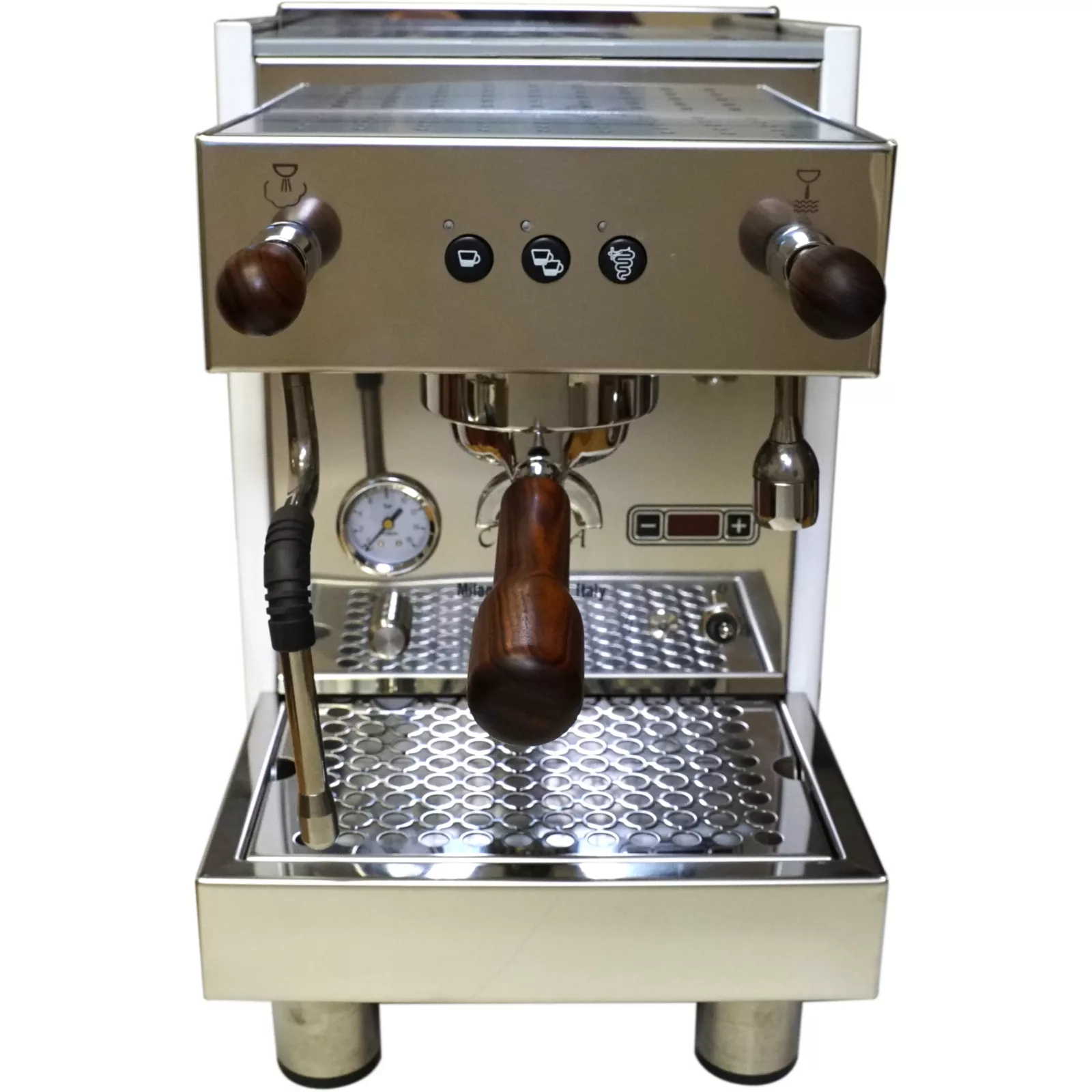 The Bezzera Crema DE HX Espresso Machine features a stainless steel body, wooden handles, a left-side steam wand, front control buttons and gauge, and a metal drip tray at the bottom. © 2025 1st-line.com