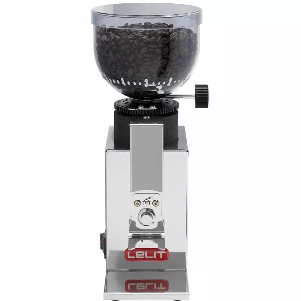 The DISCONTINUED Lelit PL043MMI Fred Espresso Coffee Grinder is a stainless steel grinder with a clear bean hopper, adjustable grind size dial, and the red Lelit logo on the front. © 2025 1st-line.com