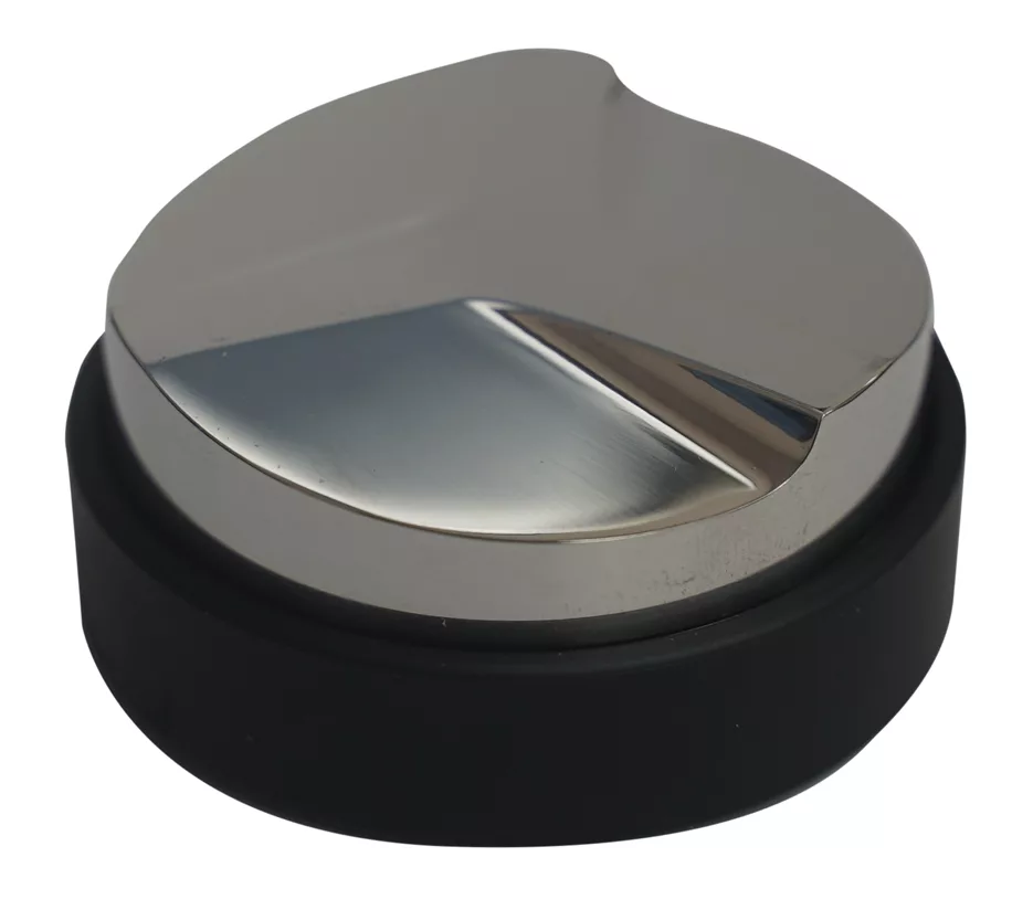 The DISCONTINUED Motta Carbon Look Coffee Leveling Tool - 58mm features a flat, segmented top and black circular base for evenly distributing coffee grounds in a portafilter. © 2025 1st-line.com