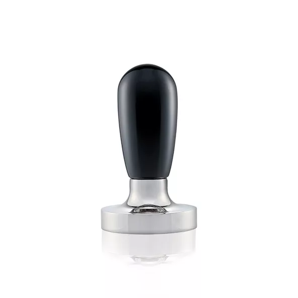 The ECM 89404 Flat Base 58mm Espresso Coffee Tamper features a black ergonomic handle and flat silver base, shown standing upright on a white background. © 2025 1st-line.com
