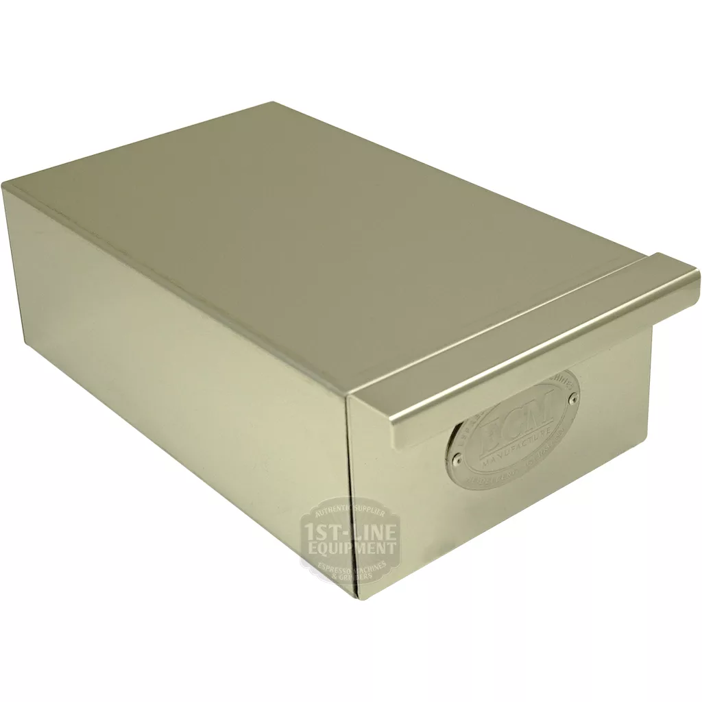 The ECM 89625 SLIM Knock Box SLIM w/ Drawer (9 x 5 x 3 inches) is a rectangular stainless steel knock box with a flat lid and front-facing logo, ideal for tidy disposal of used coffee grounds. © 2025 1st-line.com