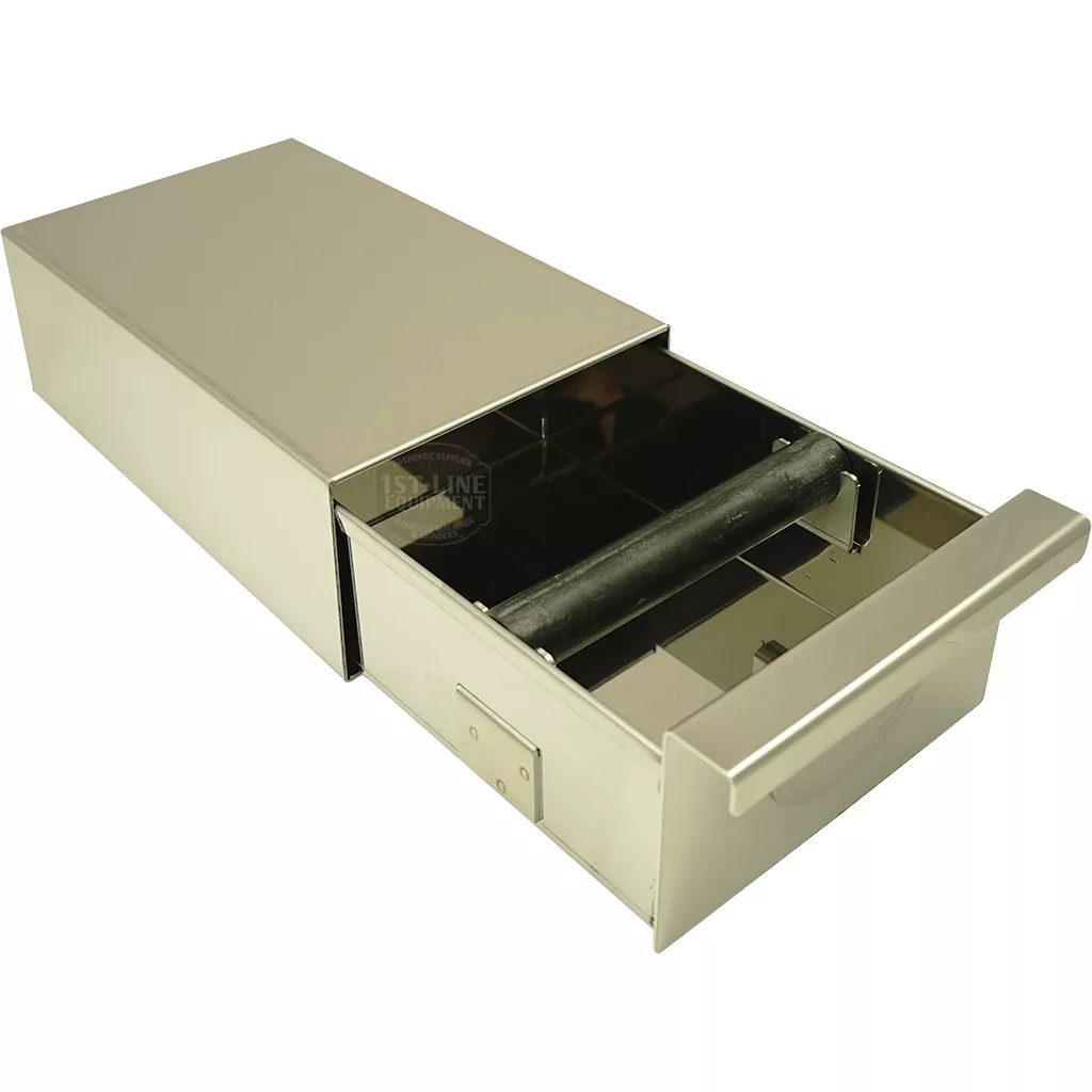 The ECM 89625 SLIM Knock Box with Drawer (9 x 5 x 3 inches) is open, revealing compartments and a black bill holder inside. This secure stainless steel drawer features a handle for efficient storage. © 2025 1st-line.com
