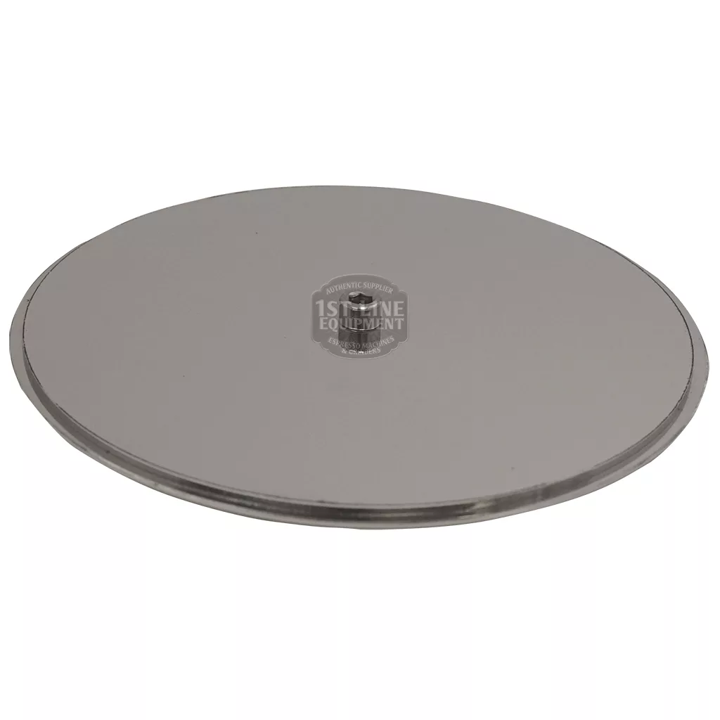 The ECM G1146 Stainless Steel Bean Hopper Lid is a round, flat disk with a smooth surface, crafted from stainless steel and displayed against a white background. © 2025 1st-line.com
