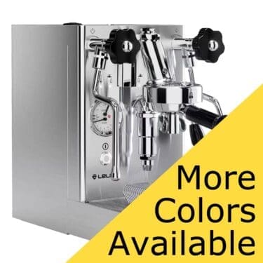 The Lelit Mara X V2 HX Espresso Machine in stainless steel with dials and levers is displayed. A yellow triangle in the foreground reads “More Colors Available.”. © 2025 1st-line.com