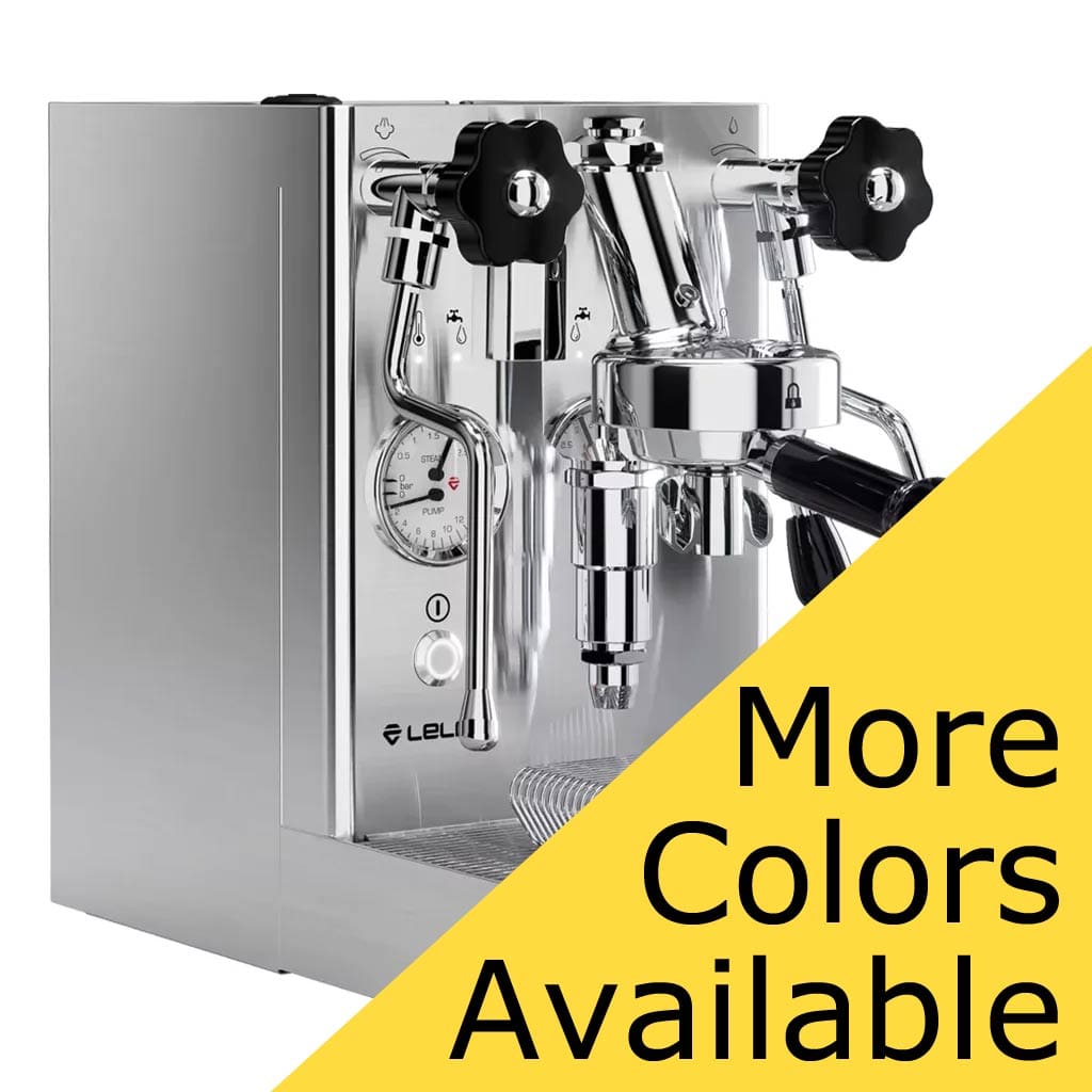 The Lelit Mara X V2 HX Espresso Machine in stainless steel with dials and levers is displayed. A yellow triangle in the foreground reads “More Colors Available.”. © 2025 1st-line.com