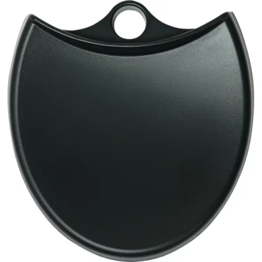 The Macap C247016 Grinds Catch Tray is a black, curved, shield-shaped board with a rounded top and a hanging hole, featuring a smooth, solid surface reminiscent of Macaps signature sleek design. © 2025 1st-line.com