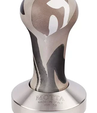 The Motta 06481/58 Mimetic Espresso Coffee Tamper features a 58mm stainless steel base with Motta Made in Italy engraving and a multicolored, abstract-patterned handle. © 2025 1st-line.com