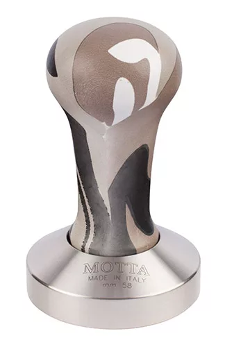 The Motta 06481/58 Mimetic Espresso Coffee Tamper features a 58mm stainless steel base with Motta Made in Italy engraving and a multicolored, abstract-patterned handle. © 2025 1st-line.com