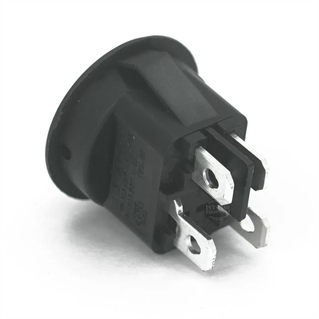 A close-up photo of the Lelit 9600052 LED Switch for Switch Assembly, featuring a black round rocker design and three metal prongs on the back, set against a white background. © 2025 1st-line.com