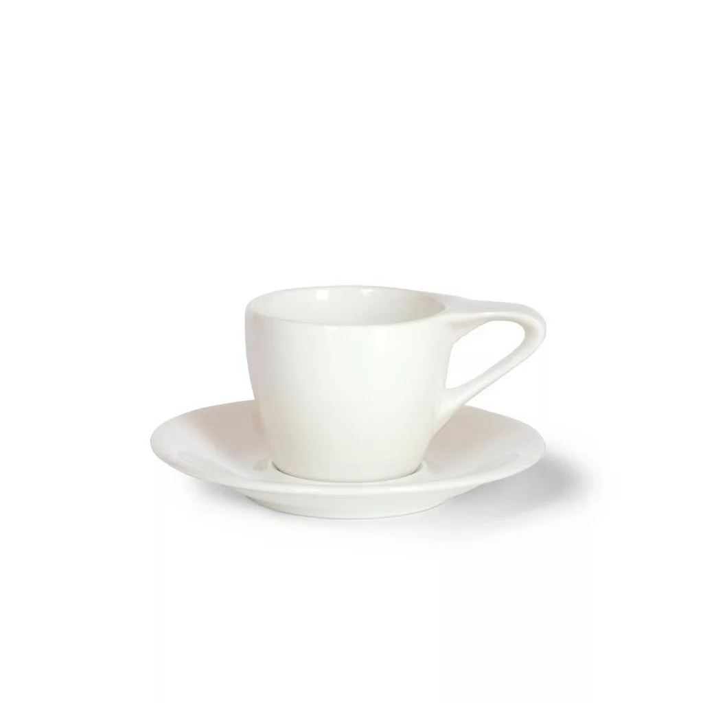 A discontinued notNeutral FINA Espresso Cup & Saucer set, 3.5 oz, sits on a white background; both cup and saucer are plain white. © 2025 1st-line.com