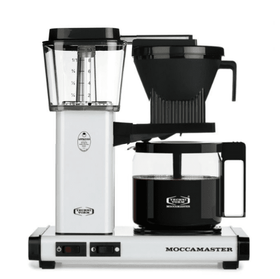 A DISCONTINUED Technivorm Moccamaster KBG Glass Carafe Coffee Brewer in white and black, featuring a clear water reservoir, black filter basket, and glass carafe with coffee, displayed on a white background. © 2025 1st-line.com