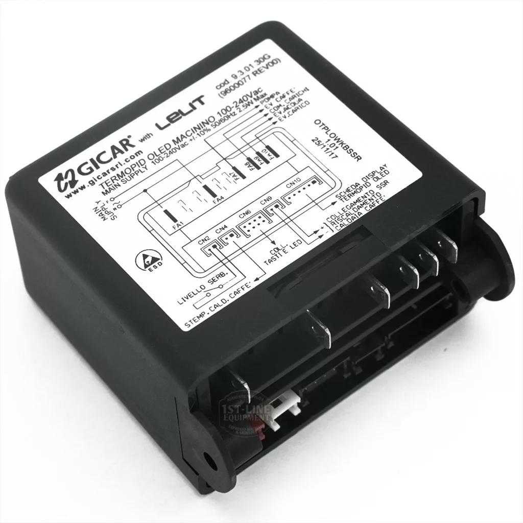 Gicar 9600077 Brain Unit - 9.3.01.30G with model and wiring diagram on a white label, showing connector pins and technical info for Lelit PL92T Elizabeth espresso machines or compatible equipment. © 2025 1st-line.com