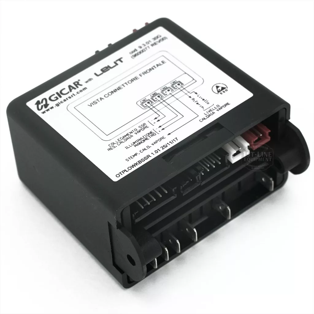 The Gicar 9600077 Brain Unit (9.3.01.30G) features a wiring diagram and label, with multiple connectors and terminals for the Lelit PL92T Elizabeth espresso machine. © 2025 1st-line.com