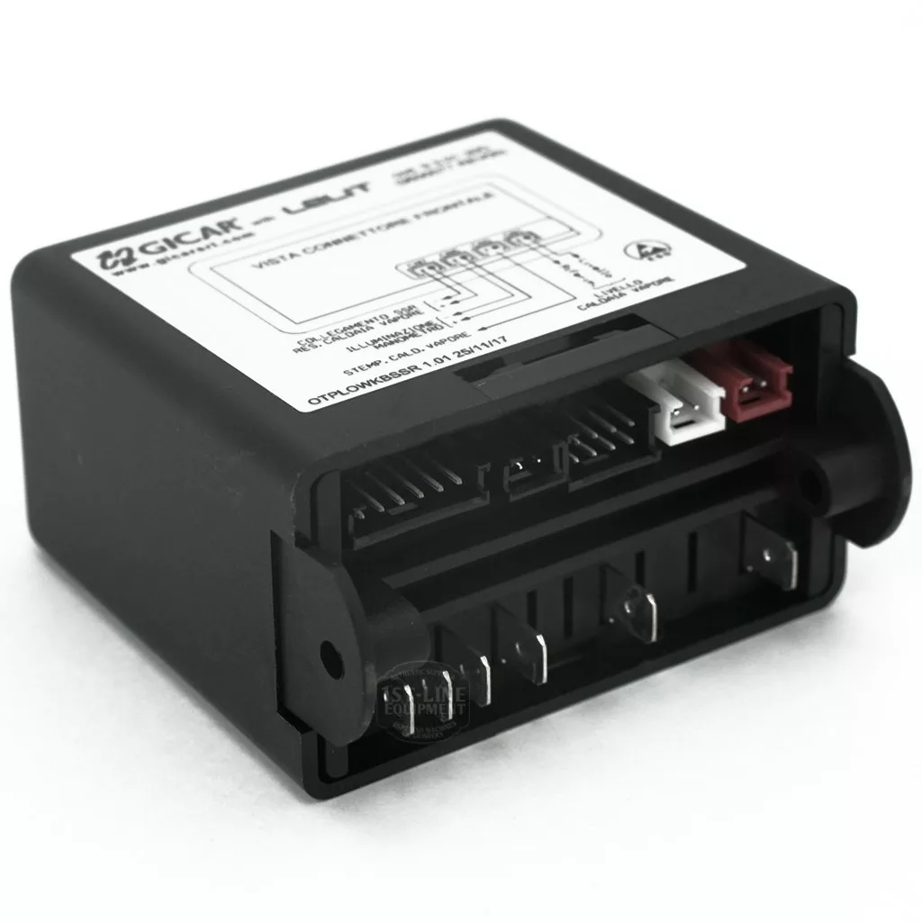 The Gicar 9600077 Brain Unit (9.3.01.30G) for the Lelit PL92T Elizabeth features labeled ports, white and red terminal connectors, and a diagram label on top with wiring instructions. © 2025 1st-line.com