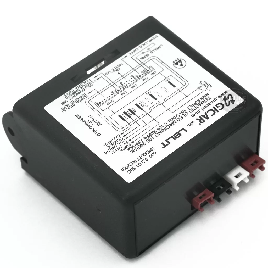 The Gicar 9600077 Brain Unit - 9.3.01.30G for the Lelit PL92T Elizabeth is a black rectangular control module with a wiring diagram and specs on top, plus red, black, and white connectors on one side. © 2025 1st-line.com