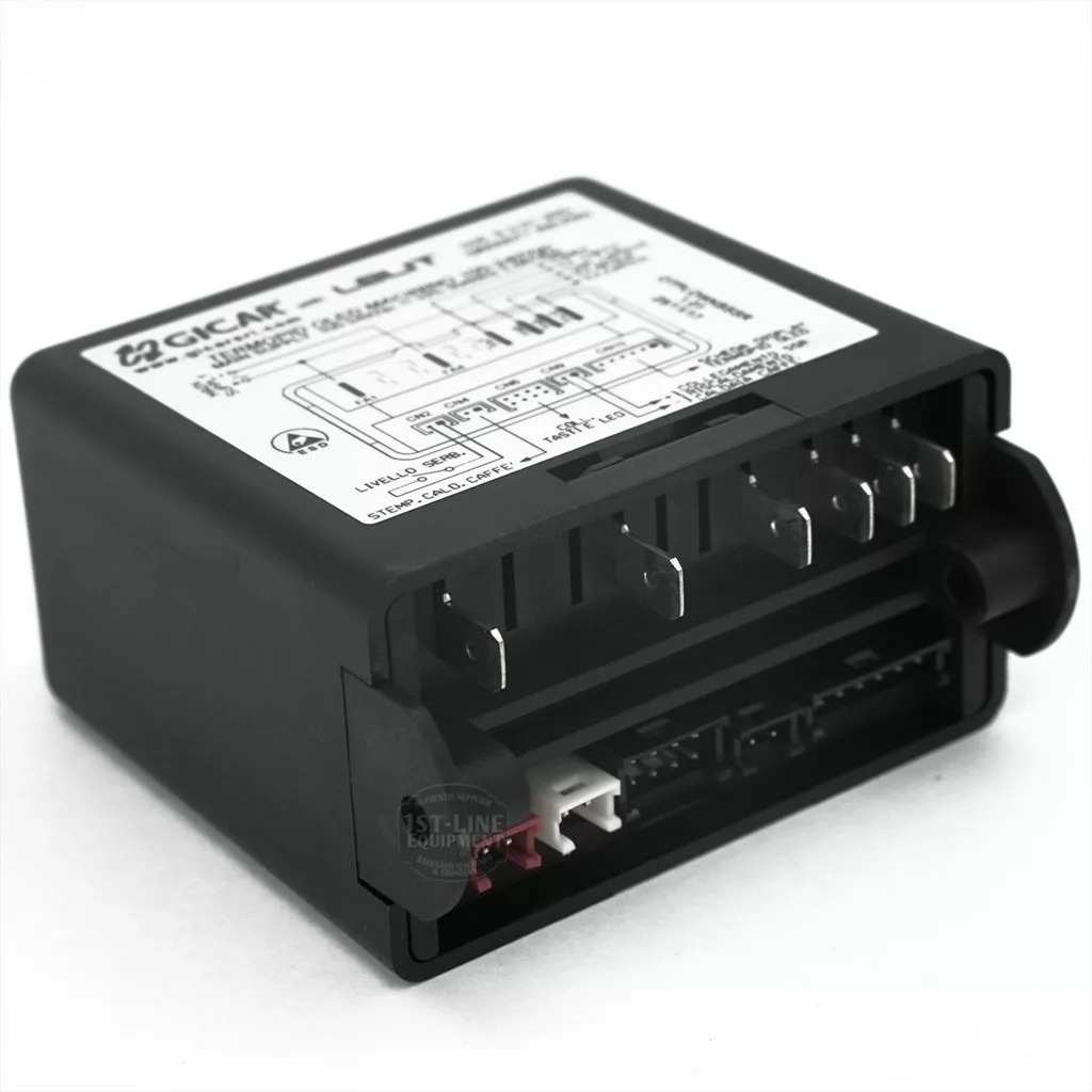 The Gicar 9600077 Brain Unit (9.3.01.30G) is a black electronic relay module with metal connectors and wiring specs on top, commonly used in Lelit PL92T Elizabeth machines as a key control component. © 2025 1st-line.com