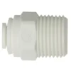 The John Guest Adapter - 3/8 Flex Tube x 3/8 BSPT/BSPP is a white plastic push-to-connect fitting with a hexagonal section and threaded end, ideal for espresso machines, water filters, or plumbing. © 2025 1st-line.com