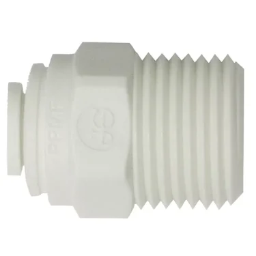 The John Guest Adapter - 3/8 Flex Tube x 3/8 BSPT/BSPP is a white plastic push-to-connect fitting with a hexagonal section and threaded end, ideal for espresso machines, water filters, or plumbing. © 2025 1st-line.com