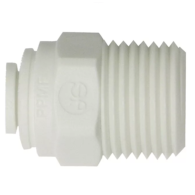 The John Guest Adapter - 3/8 Flex Tube x 3/8 BSPT/BSPP is a white plastic push-to-connect fitting with a hexagonal section and threaded end, ideal for espresso machines, water filters, or plumbing. © 2025 1st-line.com