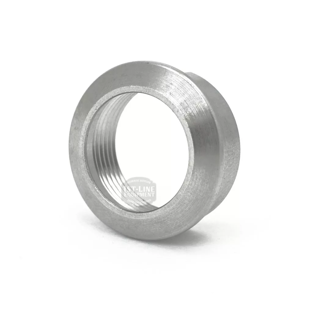 The Lelit 1600028 Switch Assembly LED features a silver metal threaded ring or collar with a smooth outer surface and visible internal threading, shown standing upright on a white background. © 2025 1st-line.com