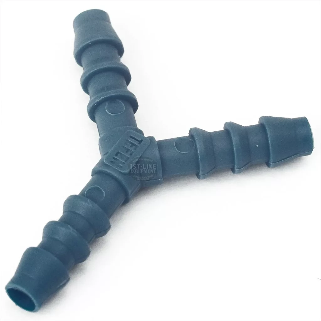 The Lelit 3700021 Y-Pipe - Wider Thick is a black plastic connector with three barbed ends for joining thick, flexible hoses. Shown on a white background. © 2025 1st-line.com
