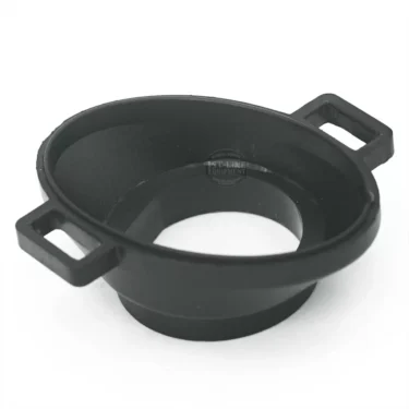 The Lelit 3700028 Bracket for Switch Assembly is a black plastic, funnel-shaped part with two rectangular handles and a wide opening that narrows to a circular base, designed for use with switch assembly components. © 2025 1st-line.com