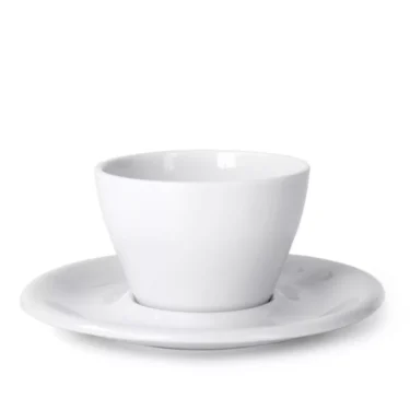 The notNeutral MENO Cappuccino Cup & Saucer - 5 oz, crafted in plain white ceramic, sits elegantly against a pristine white background. © 2025 1st-line.com