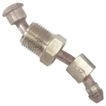 A close-up of the Bezzera 5163374LL Upper Heating Pipe hydraulic fitting with threaded and hexagonal sections, two bent ends, and a central bolt, shown against a white background. © 2025 1st-line.com