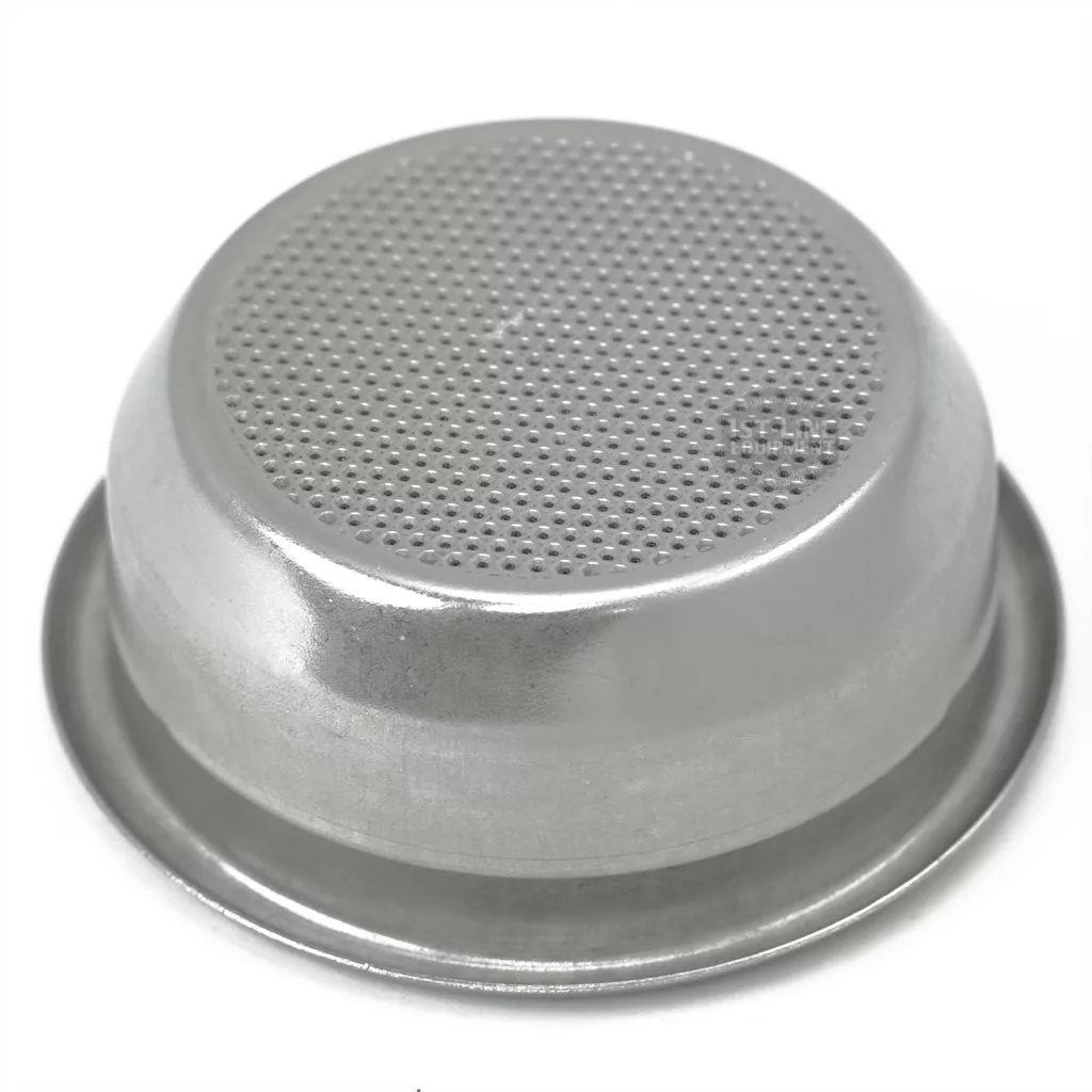 A close-up of the Lelit 1600066 Filter Basket (18-22g, 58mm), shown upside down with a flat, perforated bottom and smooth, rounded sides—designed for holding 18-22g of espresso grounds. © 2025 1st-line.com