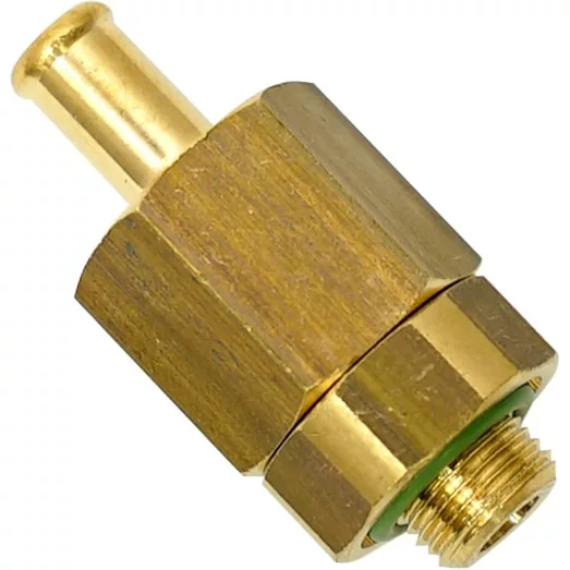 A close-up of the Lelit 9700052 1/8 Vacuum Breaker Valve brass adapter fitting, featuring a hexagonal middle section, threaded end, and smooth cylindrical end for connecting pipes or hoses in plumbing or valve systems. © 2025 1st-line.com