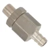 A close-up of the Lelit 9700052 1/8 Vacuum Breaker Valve, featuring a metallic finish, hexagonal center, threaded male end on one side, and barbed hose connector on the other. © 2025 1st-line.com