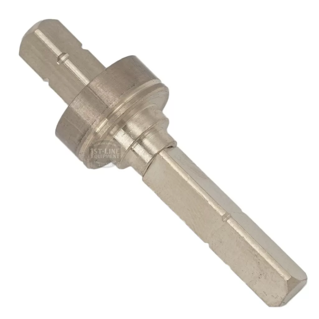 A metal hex adapter tool with a stepped cylindrical center and hex ends, used for tightening or loosening fittings like the DISCONTINUED Lelit 1000027 Bottom Cam for Manual Valve. © 2025 1st-line.com