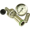 A stainless steel pressure gauge assembly with a black handle, spring, and dial (measuring bars), designed for the 1st-line Equipment E61 Grouphead Flow Control Kit, is shown close-up on a white background. © 2025 1st-line.com