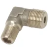 Close-up of a Bezzera 5301507TR Brass Elbow Fitting, 3/8 size, featuring two threaded male ends forming a 90-degree pipe connection. © 2025 1st-line.com