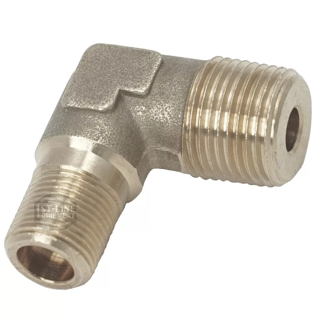 Close-up of a Bezzera 5301507TR Brass Elbow Fitting, 3/8 size, featuring two threaded male ends forming a 90-degree pipe connection. © 2025 1st-line.com