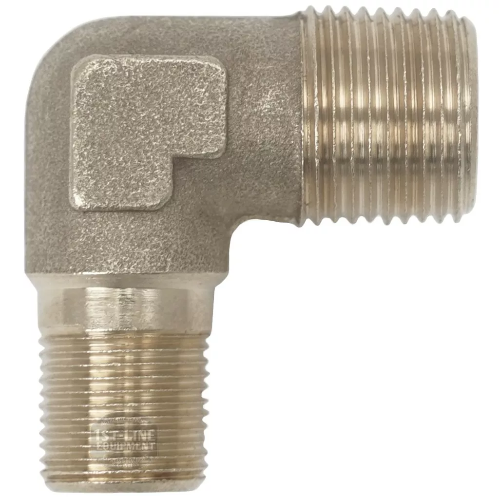 The Bezzera 5301507TR Brass Elbow Fitting 3/8 is a metallic 90-degree connector with 3/8 male threads on both ends, ideal for joining two pipes at a right angle in plumbing or industrial setups. © 2025 1st-line.com