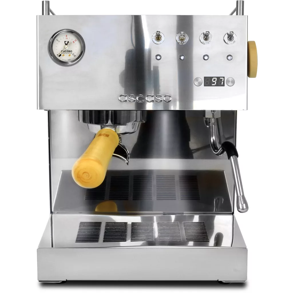 The DISCONTINUED Ascaso Steel Uno PID Espresso Machine features a stainless steel body, wood handle and steam knob, pressure gauge, digital display, multiple front buttons, and the ascaso brand name on the machine. © 2025 1st-line.com