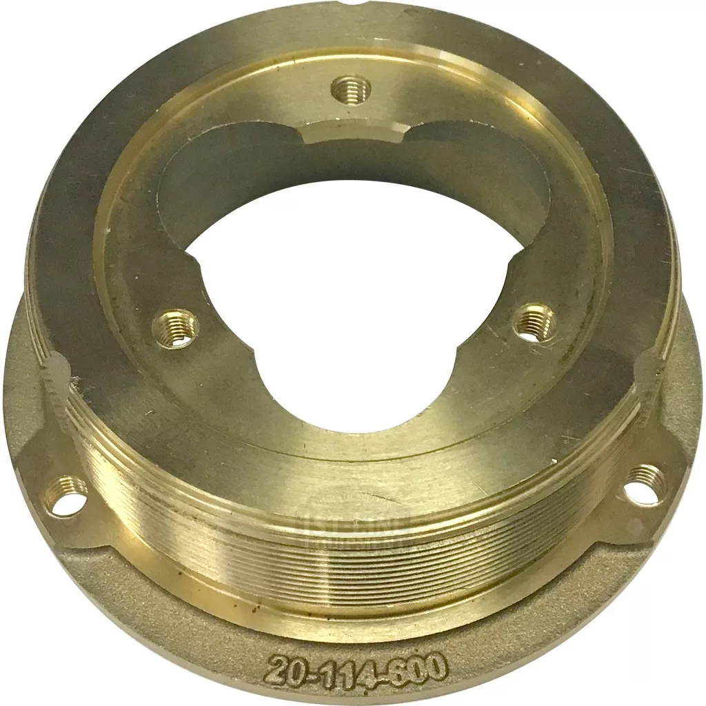 The DISCONTINUED Rancilio 20114600 Upper Burr Carrier is made of brass or bronze, has threaded outer edges, multiple mounting holes, a three-lobed center, and 20114600 engraved on the rim. © 2025 1st-line.com