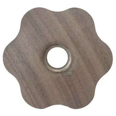 The Lelit 4100002 Wood Steam/Hot Water Knob is a flower-shaped, wooden knob with a smooth natural finish and a central metal hole, viewed from above. © 2025 1st-line.com