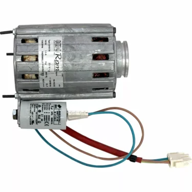 The Lelit 9600004 230V Motor features a cylindrical metallic casing, visible copper coils, an attached capacitor, and red, blue, and brown wires with a white plastic connector—ideal as a replacement motor for Lelit machines. © 2025 1st-line.com