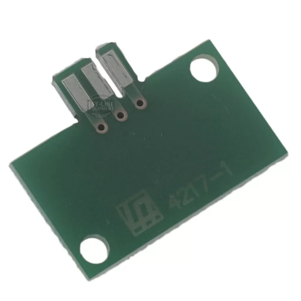 The Lelit 9600034 Switch with Double LED for Switch Assembly is a small green PCB featuring two metallic connectors, two mounting holes, and white markings such as 4217-1 on the surface. © 2025 1st-line.com