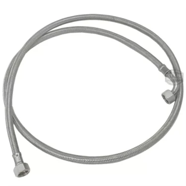 The Lelit 9700022 Direct Plumb In-Line Hose is a flexible, silver braided metal hose with hexagonal fittings at both ends, ideal for direct connections to plumbing or appliances. © 2025 1st-line.com